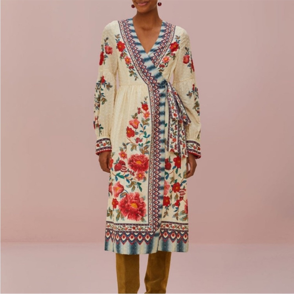 Floral Wrap Dress with Red and Blue Accents